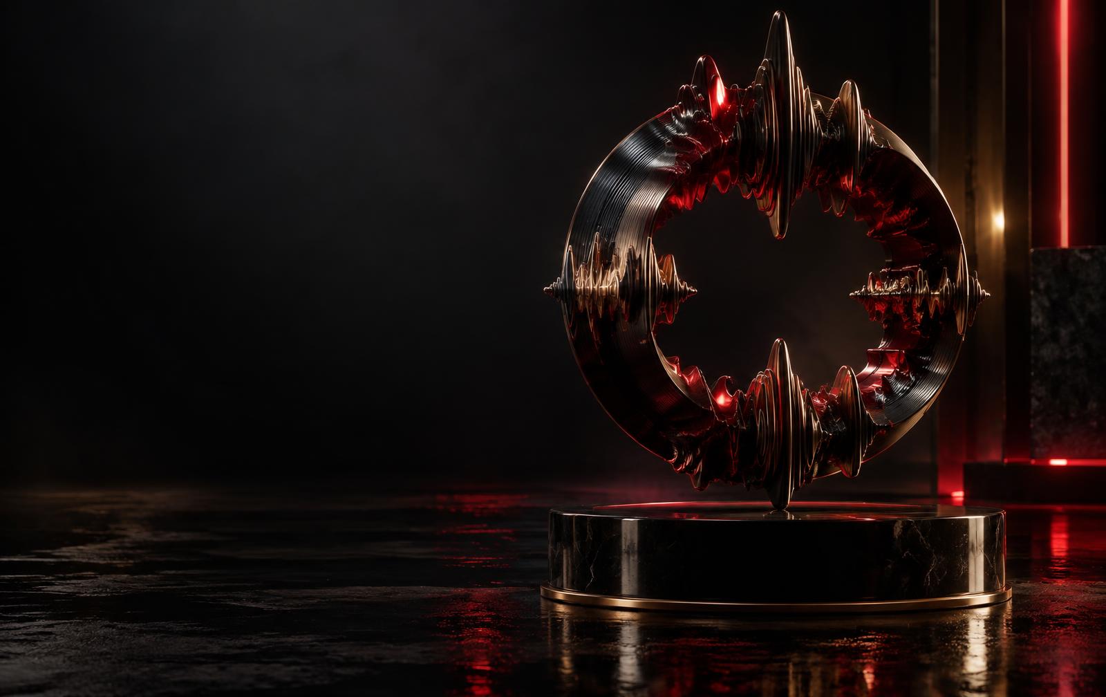 Sculpted metallic sound wave with crimson and gold highlights
